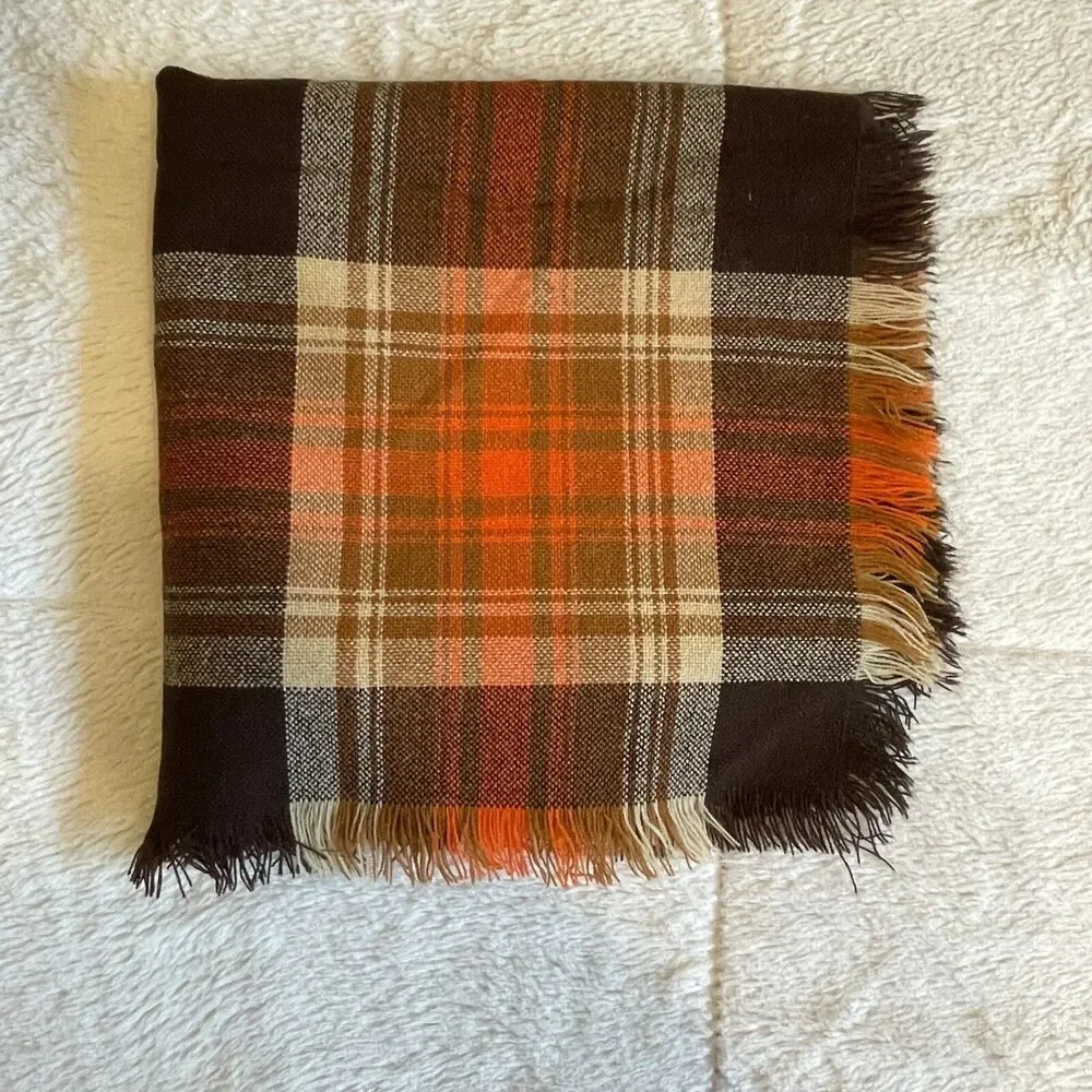 Vtg Acrylic Throw Blanket Thin Fringed Brown Orange Cream Tan Fringed 44x45